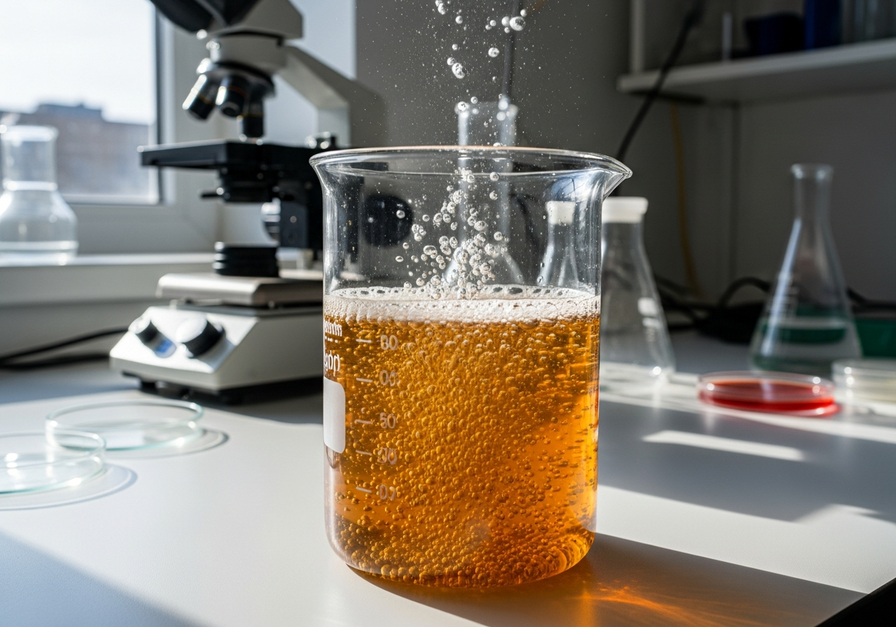 Bubbling wort in a glass, illustrating yeast fermentation in action.
