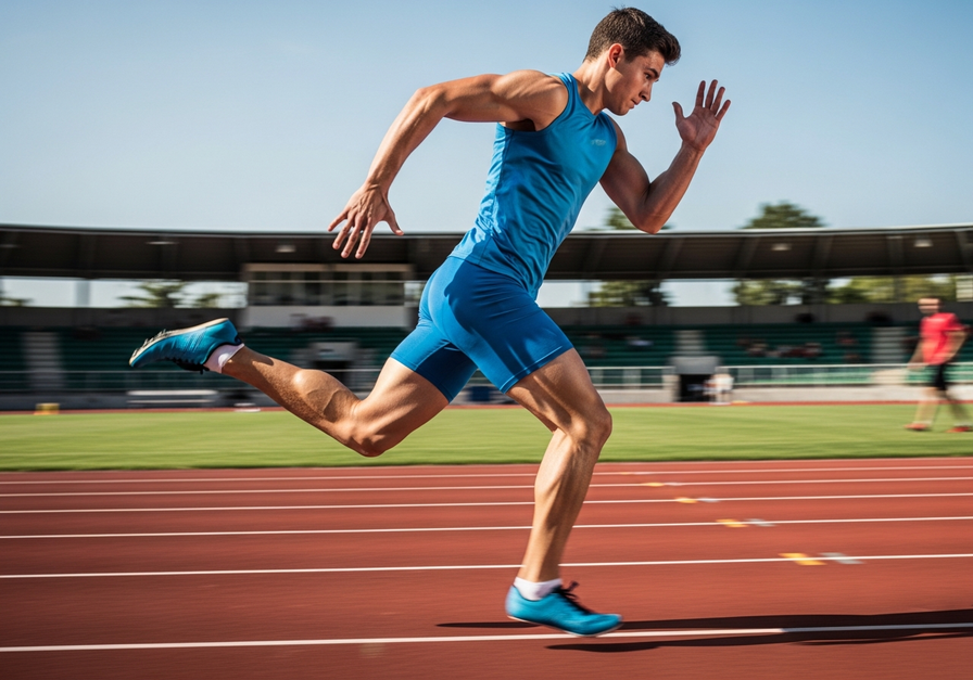 Athlete sprinting on a track, demonstrating the real-world demand for ATP during muscle contraction.