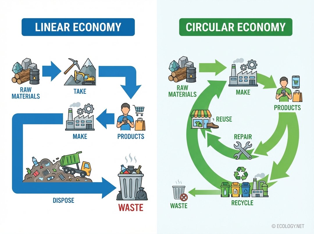 Diagram illustrating the contrast between a linear 'take-make-dispose' economy and a circular economy with reuse, repair, and recycle loops.