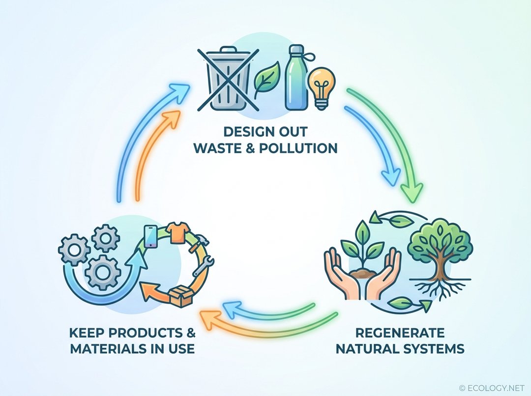 Diagram showing the three core principles of a circular economy: design out waste, keep products in use, and regenerate natural systems.