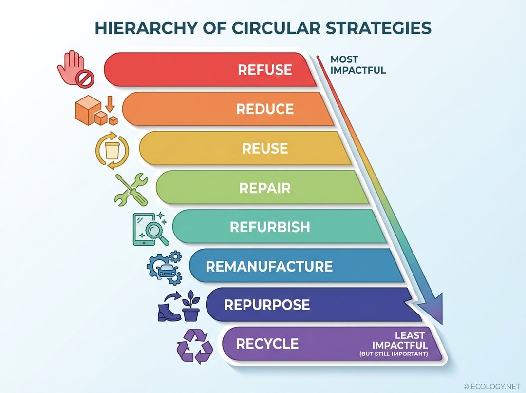 Infographic depicting the hierarchy of circular economy strategies, from refuse and reduce at the top to recycle at the bottom.