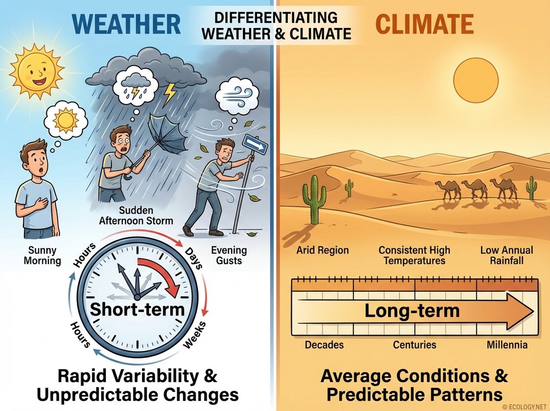 Diagram illustrating the difference between weather and climate, showing short-term variability for weather and long-term patterns for climate.