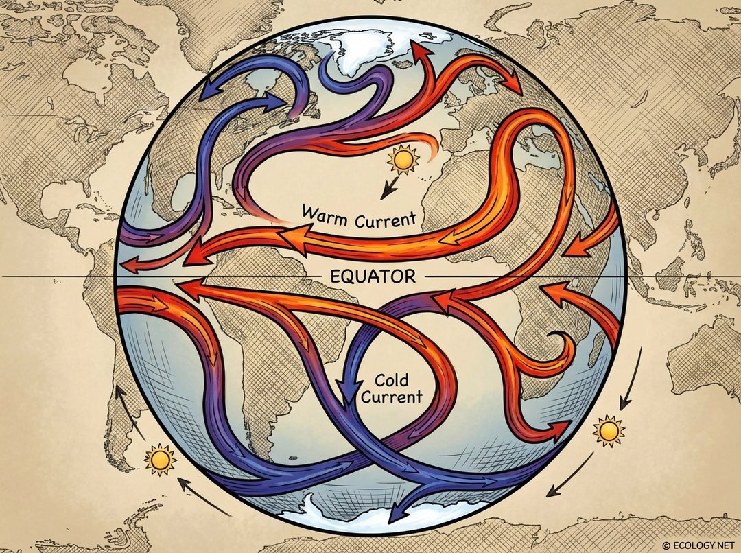 Illustrative map showing major warm and cold ocean currents distributing heat across the globe.