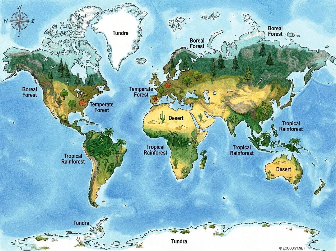 World map depicting major biomes like rainforests, deserts, and tundras, illustrating their global distribution based on climate zones.