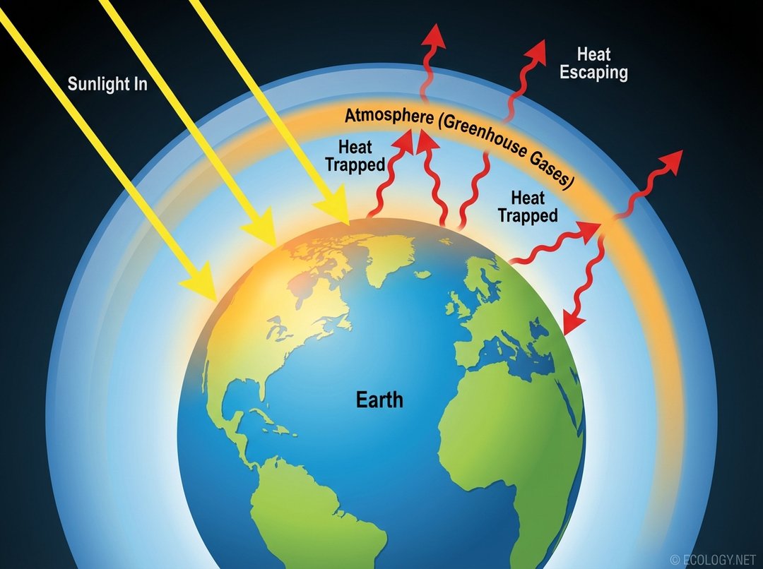 Diagram illustrating the greenhouse effect with sunlight entering, heat trapped by greenhouse gases in the atmosphere, and heat radiating from Earth.