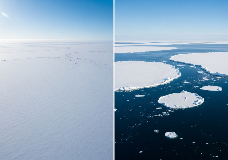 Split screen showing vast Arctic sea ice on the left and fragmented ice with open water on the right, illustrating rapid ice decline.