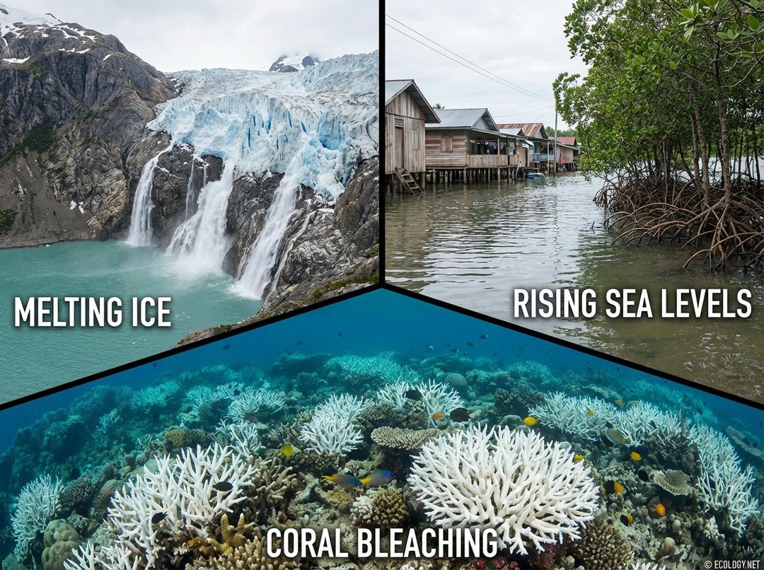 Composite image showing a melting glacier, rising sea levels encroaching on a coast, and bleached coral, depicting visible impacts of climate change.
