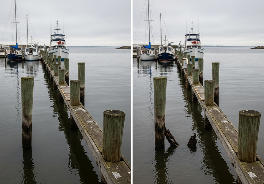 Split screen showing a calm harbor on the left and the same harbor with higher tide water flooding the pier on the right, demonstrating coastal flooding.