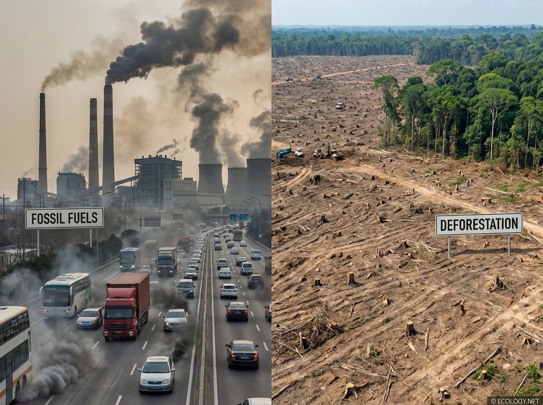 Image depicting industrial smokestacks, vehicles emitting exhaust, and deforested land, illustrating human activities driving climate change.