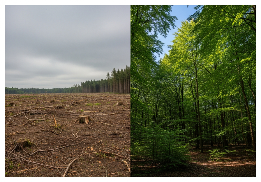 Photo showing a deforested field with bare soil on the left and a thriving, dense forest on the right, highlighting the impact of deforestation and regrowth.