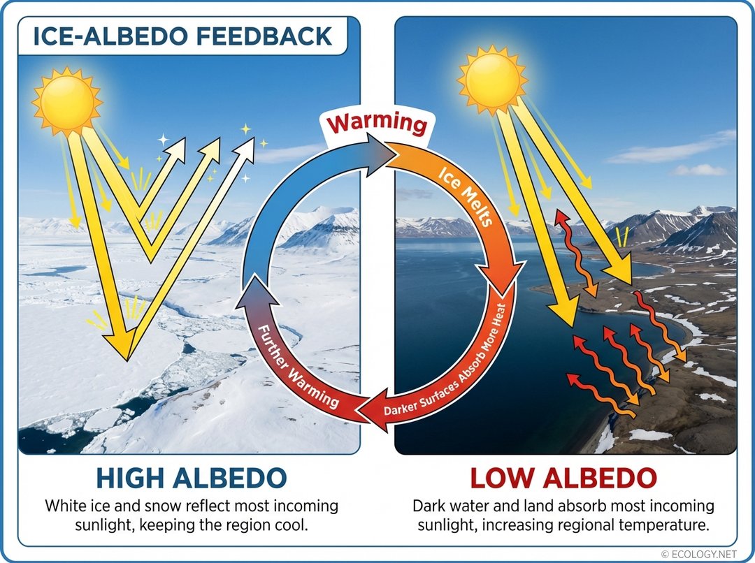 An illustrative diagram showing the Ice-Albedo Feedback. On the left, a pristine Arctic landscape with extensive white ice and snow reflects sunlight, labeled 'High Albedo'. On the right, the same landscape after warming shows melted ice, exposed dark ocean, and land absorbing sunlight, labeled 'Low Albedo'. A circular arrow connects them with labels 'Warming', 'Ice Melts', 'Darker Surfaces Absorb More Heat', 'Further Warming'.