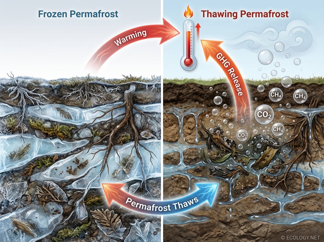 An illustrative diagram showing the Permafrost Thaw Feedback. The left section shows frozen ground with ice and trapped organic matter, labeled 'Frozen Permafrost'. The right section shows thawed ground with water, decomposing organic matter, and gas bubbles (CO2 and CH4) rising, labeled 'Thawing Permafrost'. A thermometer indicates rising temperature. Arrows form a feedback loop with labels 'Warming', 'Permafrost Thaws', 'GHG Release', 'Increased Warming'.