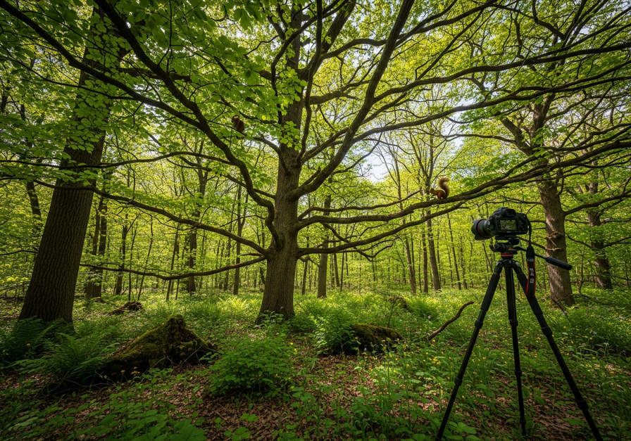 A dense, mature temperate forest with dappled sunlight, rich understory, and diverse plant and animal life.