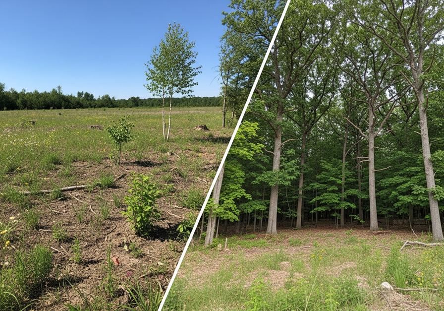 A split-screen image showing ecological succession from a cleared field to a mature forest over 30 years.