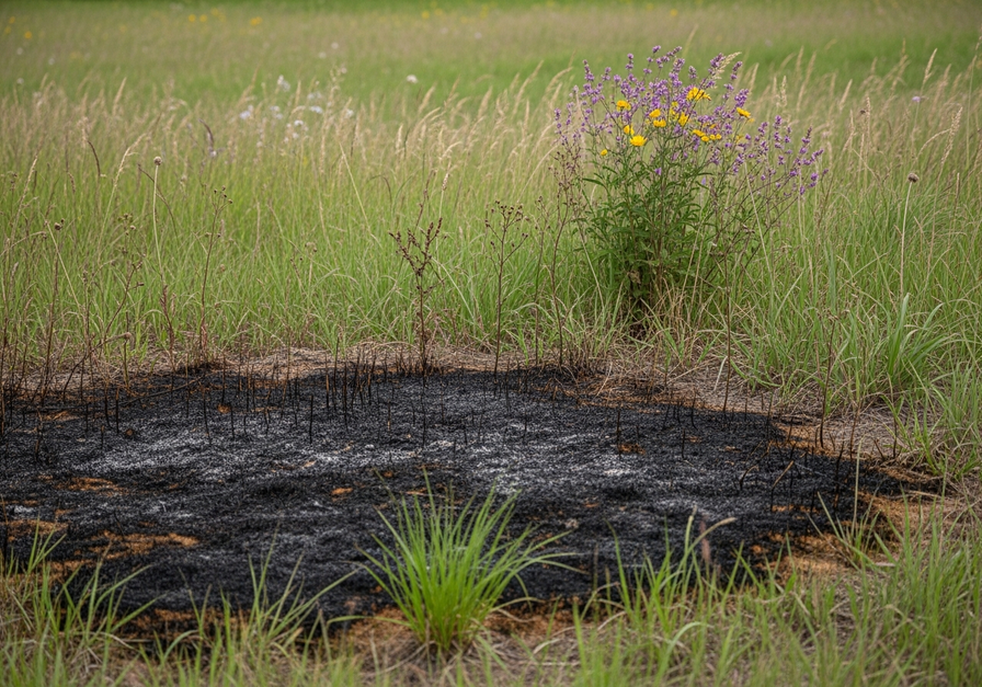A grassland community recovering after a controlled burn, showing new growth amidst charred ground.
