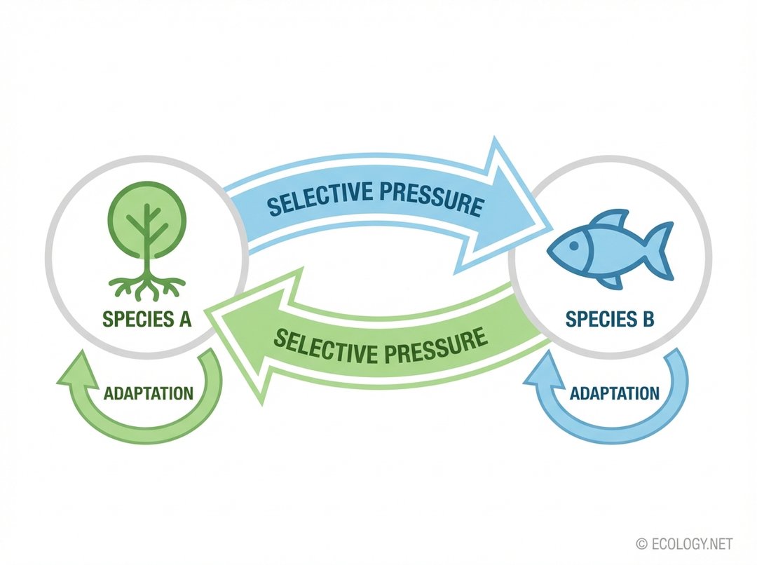 Diagram showing a coevolutionary feedback loop between Species A and Species B, with reciprocal selective pressures and adaptations.