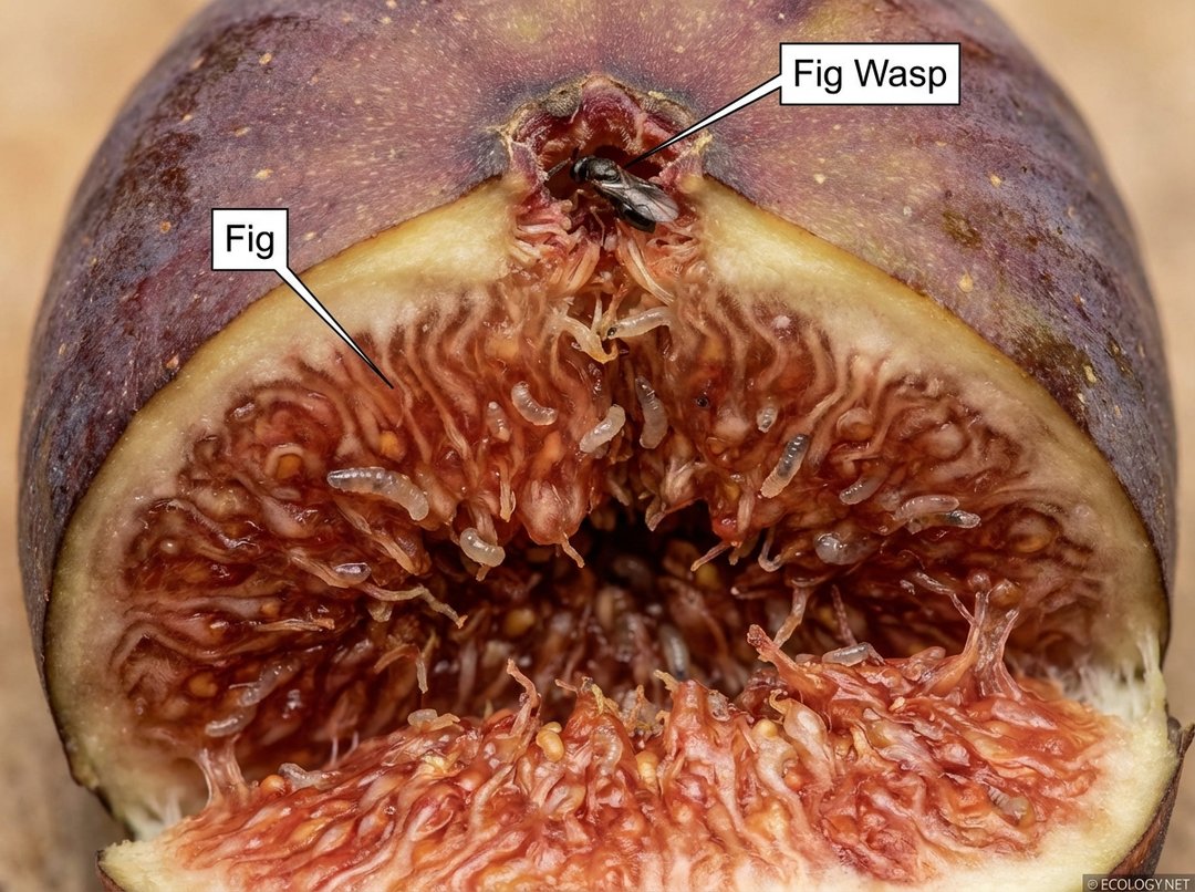 Cross-section of a fig fruit showing internal flowers, developing fig wasp larvae, and a fig wasp entering the fig.