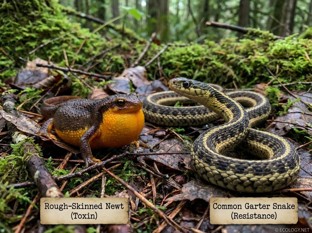 A rough-skinned newt with warning coloration and a common garter snake poised in a natural forest setting.