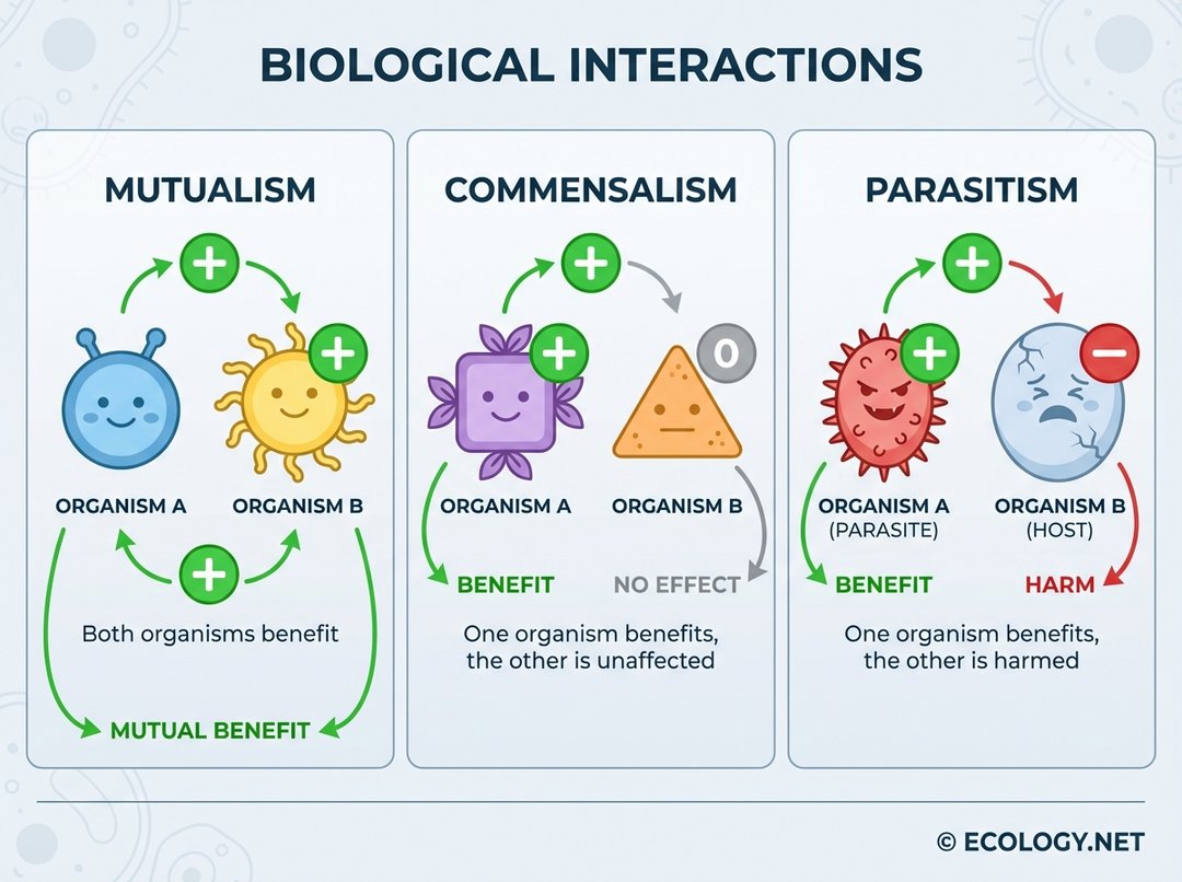 Diagram comparing mutualism, commensalism, and parasitism with benefit/harm symbols.
