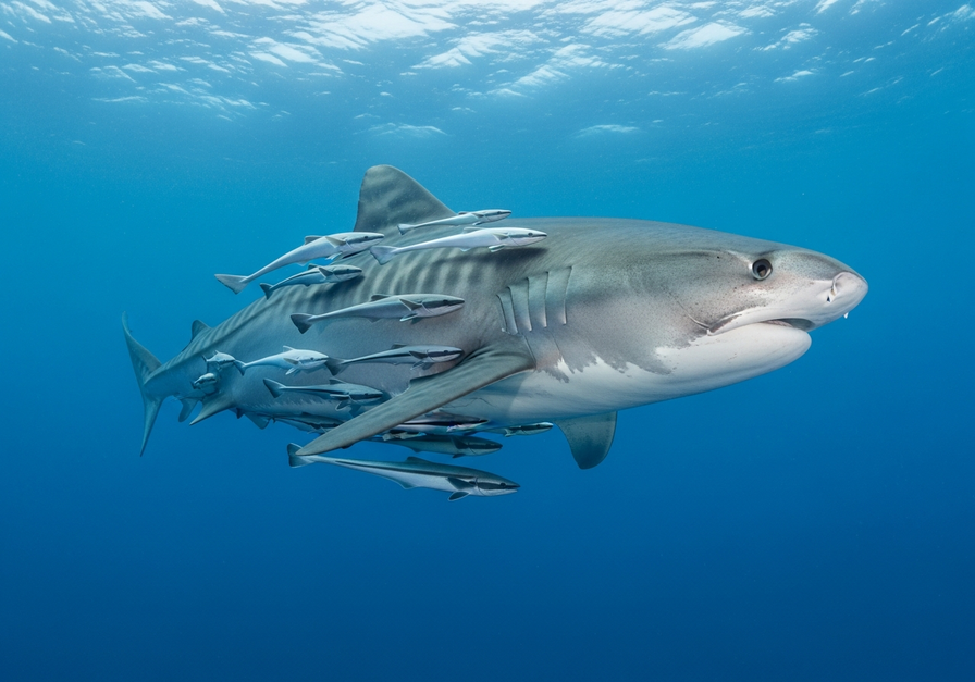 Remoras attached to a tiger shark