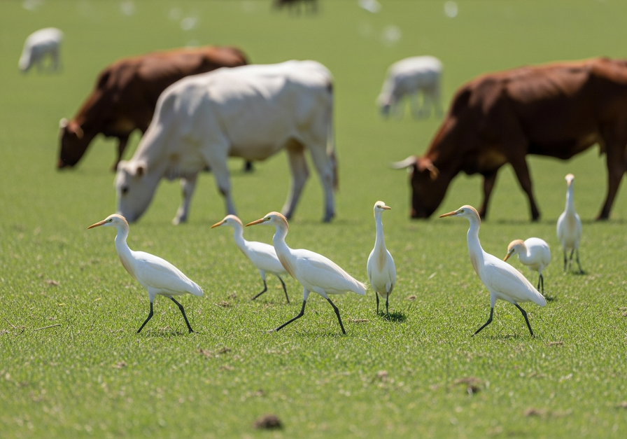 Cattle egrets foraging near livestock