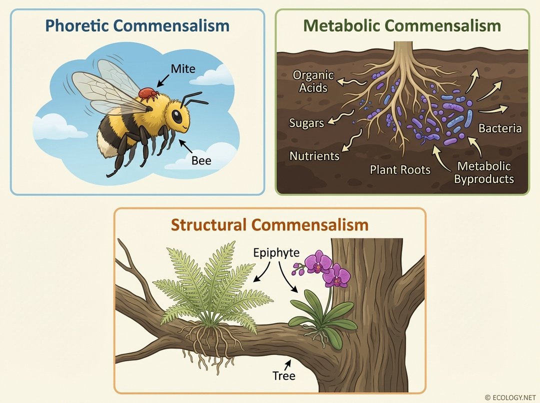 Illustrative diagram showing phoretic, metabolic, and structural commensalism examples.