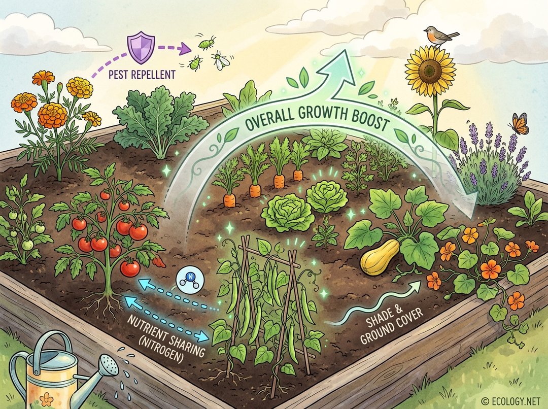 Illustrative diagram showing a vibrant garden bed with various plants growing harmoniously, indicating mutual benefits like pest repellent, nutrient sharing, and growth boost.