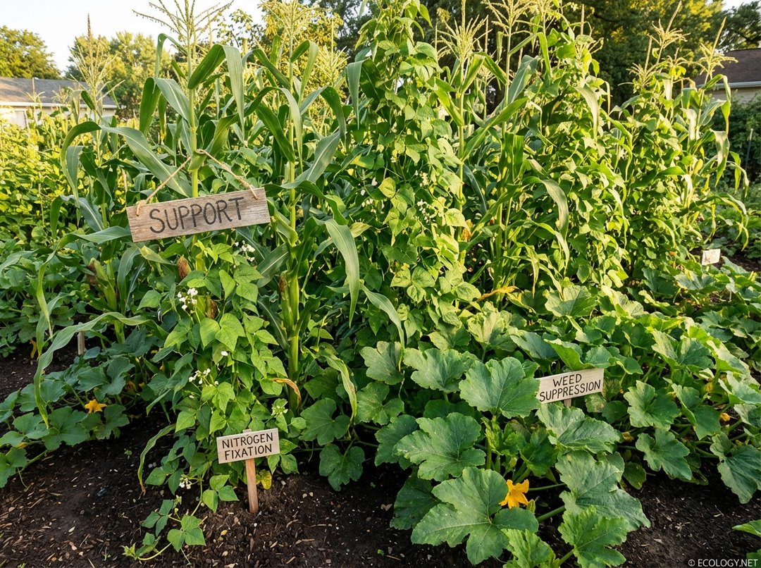 Photo-realistic image of a thriving 'Three Sisters' garden bed with corn, beans, and squash, illustrating nitrogen fixation, support, and weed suppression.