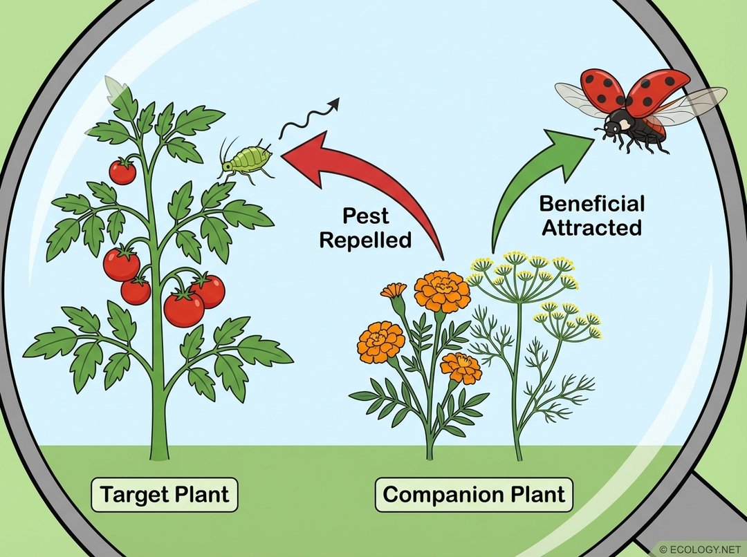 Illustrative diagram showing a companion plant repelling pests from a target plant and attracting beneficial insects like ladybugs.