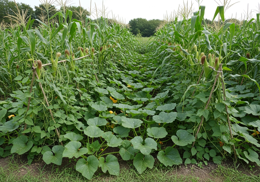 Traditional Three Sisters garden guild with tall corn, climbing beans, and sprawling squash plants.