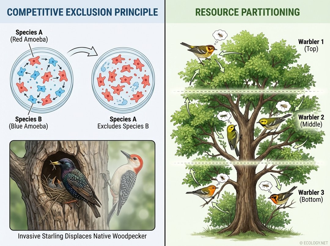 Diagram illustrating competitive exclusion where one species displaces another, and resource partitioning where species share resources by specializing.
