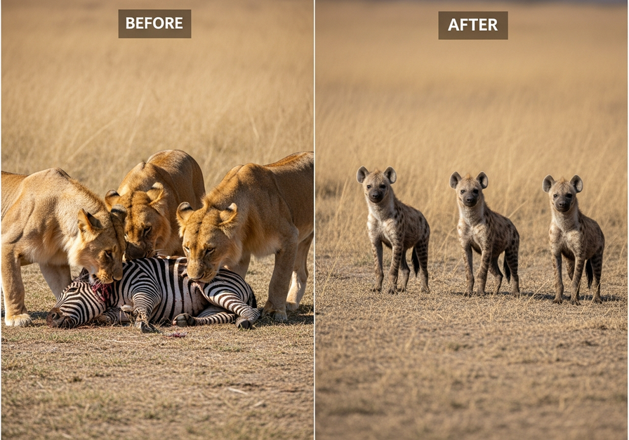 Lions and hyenas competing for prey