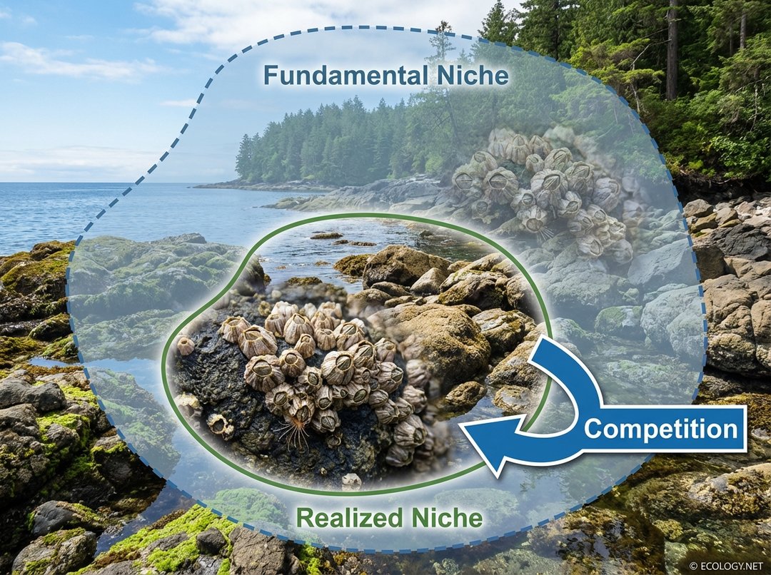 Diagram explaining fundamental versus realized ecological niches, showing how competition restricts a species' potential range.