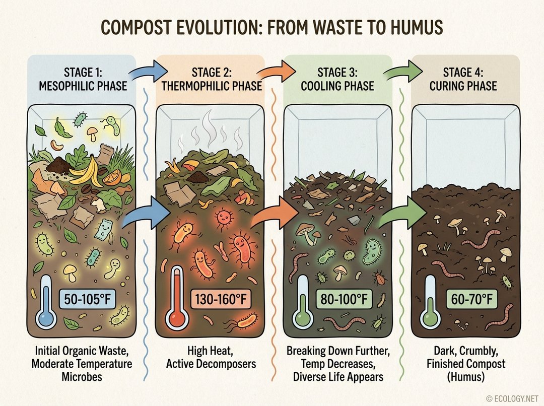 Diagram illustrating the four stages of composting: Mesophilic, Thermophilic (130-160°F), Cooling, and Curing.