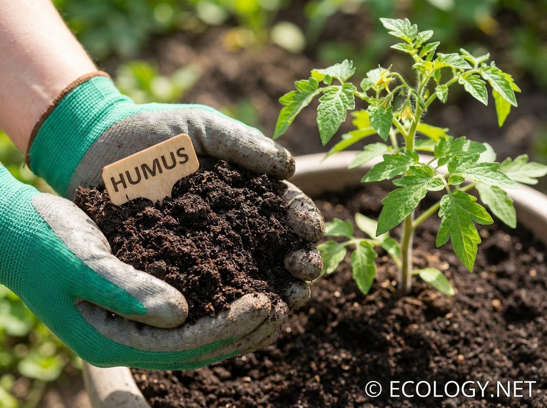 Hands holding rich, dark finished compost (humus) with a healthy plant growing in compost-enriched soil in the background.
