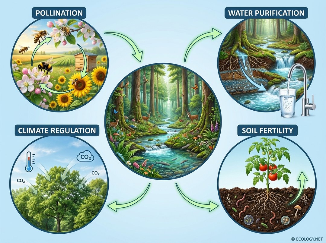 Diagram illustrating ecosystem services: pollination, water purification, climate regulation, and soil fertility, provided by a healthy natural environment.