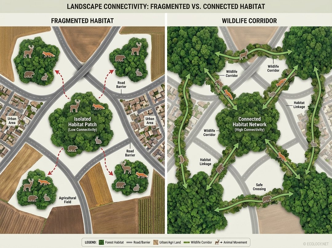 Diagram contrasting fragmented habitats with isolated animal icons versus connected habitats with wildlife corridors allowing animal movement.