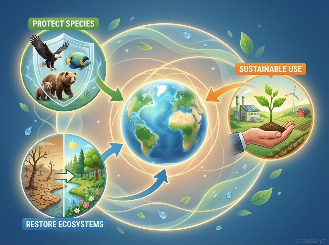Diagram showing the core principles of conservation: protecting species, restoring ecosystems, and promoting sustainable use, centered around a globe.