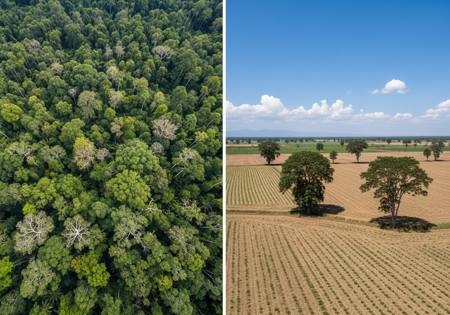 Split-screen image showing a vibrant tropical forest on one side and a fragmented agricultural field on the other, illustrating habitat loss and fragmentation.