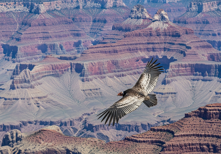 A California condor soaring majestically over the Grand Canyon, symbolizing successful species-specific conservation efforts.