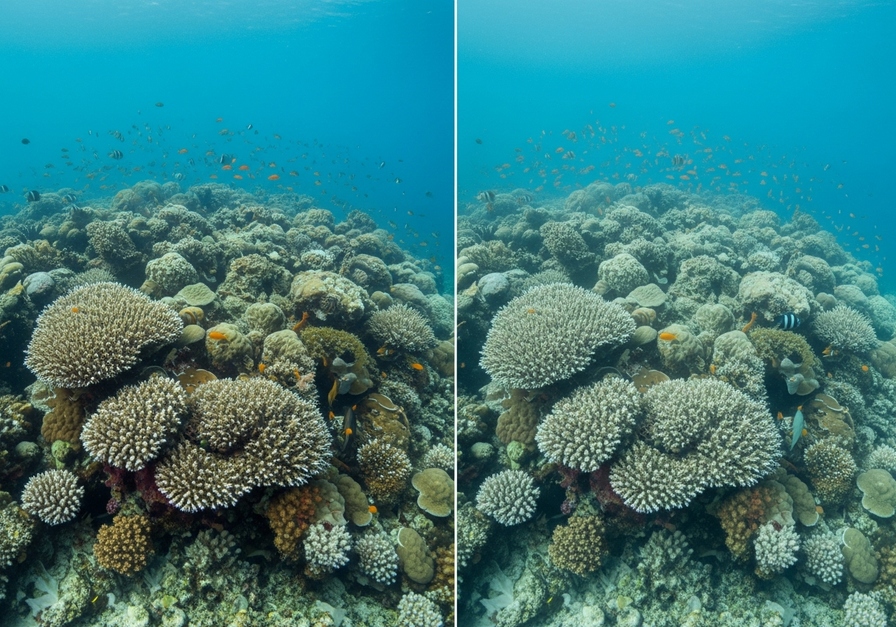 Split-screen image contrasting a vibrant, healthy coral reef with a bleached, degraded coral reef, demonstrating the impact of climate change.