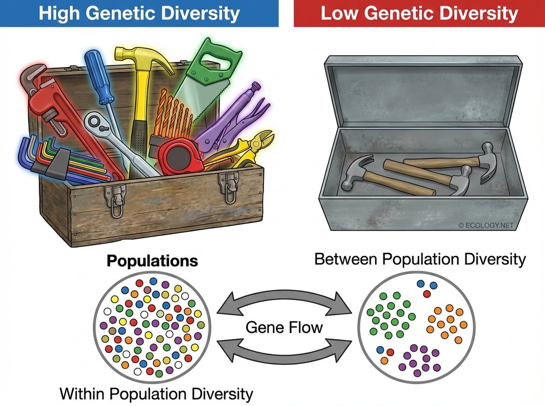 An illustrative diagram comparing high and low genetic diversity using a toolbox analogy, showing varied tools for high diversity and few identical tools for low diversity, alongside diagrams of within and between population diversity.