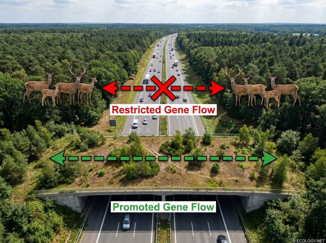 A photo-realistic image depicting habitat fragmentation with a road separating two forest patches, showing restricted gene flow with a red X arrow and promoted gene flow through a wildlife corridor with a green arrow.
