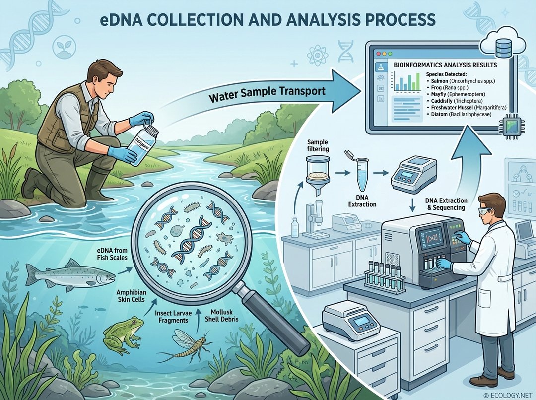 An illustrative diagram showing a scientist collecting a water sample for eDNA analysis, with microscopic DNA fragments visible, leading to a lab setting for sequencing and a digital screen displaying detected species.