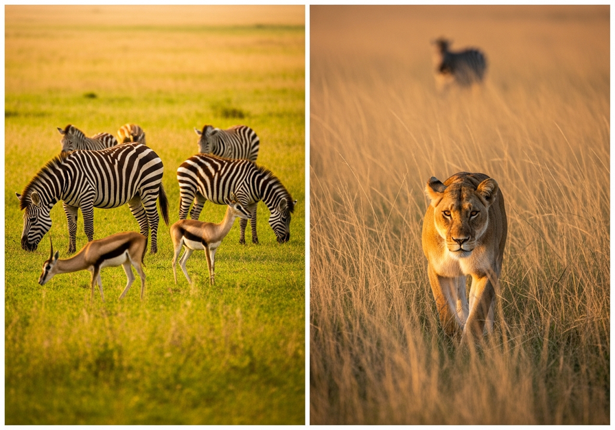 Energy transfer illustration: grassland with herbivores and a lioness