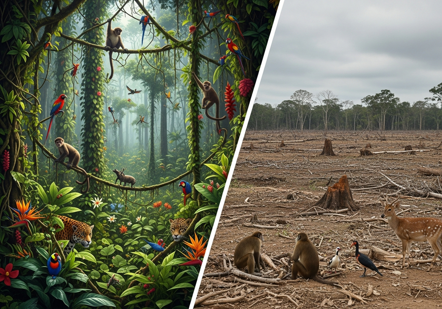 Lush rainforest versus deforested area