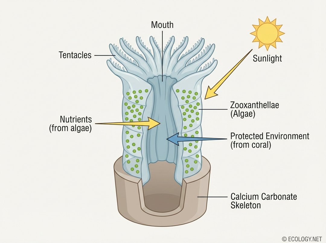 Illustrative diagram showing a cross-section of a coral polyp with tentacles, mouth, zooxanthellae algae, sunlight, nutrient exchange arrows, and a calcium carbonate skeleton.