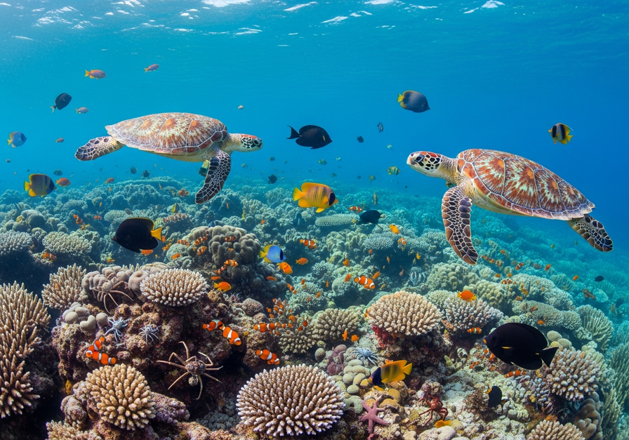 A vibrant underwater scene of a diverse coral reef teeming with colorful fish, a sea turtle, and various invertebrates.