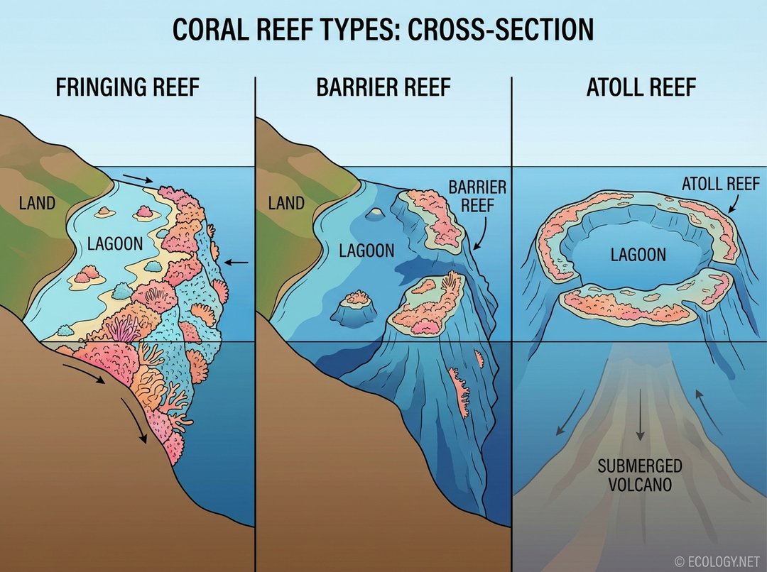 Illustrative diagram showing three types of coral reefs: Fringing Reef near land, Barrier Reef further out with a wider lagoon, and Atoll Reef forming a ring around a central lagoon.