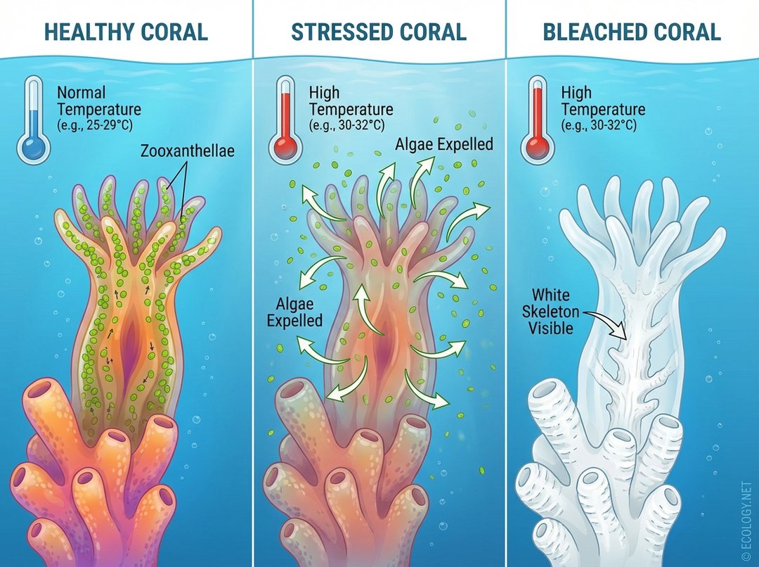 Three-panel diagram showing the process of coral bleaching: healthy coral with algae, stressed coral expelling algae due to high temperature, and bleached coral with visible white skeleton.